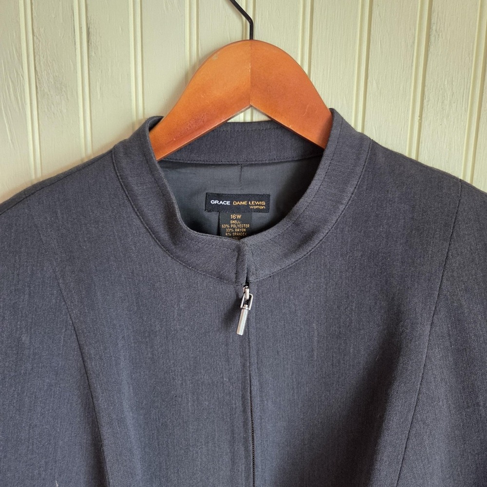 Grace Dane Lewis Suit Jacket Womens 16W Gray Zip Front Collarless Lined Career